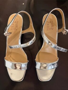 Stuart Weitzman Metallic Silver Leather Slingback Sandals